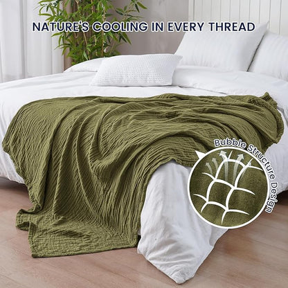 PHF Cooling Muslin Throw Blanket for Hot Sleepers, 60% Viscose from Bamboo, 40% Cotton and 4-Layer Breathable Gauze Blanket for Bed Couch, 50"x60", Olive Green