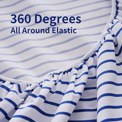 Queen Blue Striped Bed Sheet Set 4 Piece with 16-Inch Deep Pockets- Super Soft & Wrinkle Free Stripe Bed Sheets - Hotel Luxury Blue White Striped Pinstripe Bedding for All Season