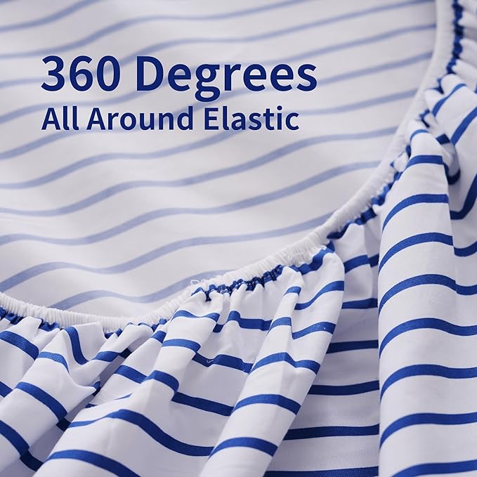 Full Blue Striped Bed Sheet Set 4 Piece with 16-Inch Deep Pockets- Super Soft & Wrinkle Free Stripe Bed Sheets - Hotel Luxury Blue White Striped Pinstripe Bedding for All Season
