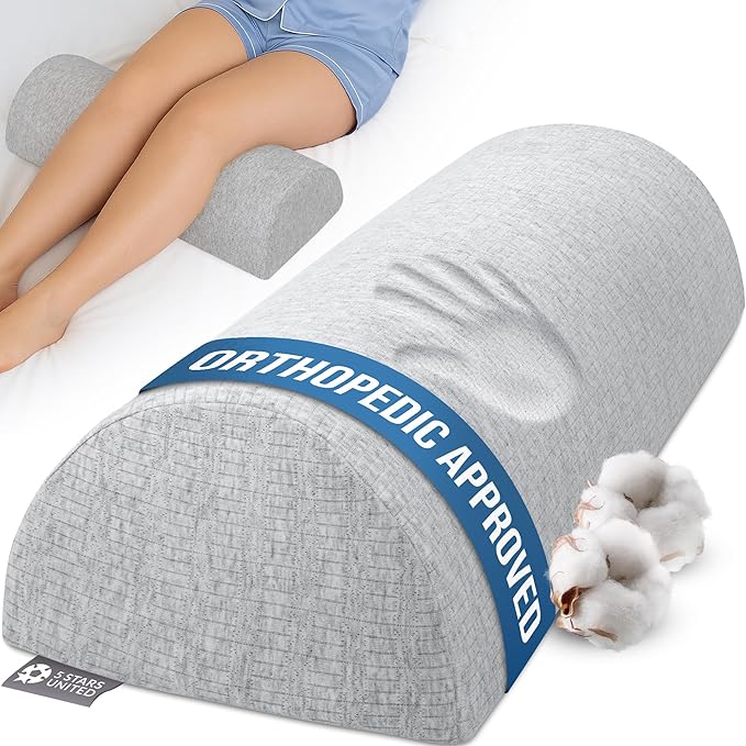 5 STARS UNITED Knee Pillow for Back Sleeping – Memory Foam Cushion for Sciatica Pain Relief – Under Leg Support for Sleeping on Back – Large Half Moon Bolster for Bed, Natural Gray with Cotton Cover