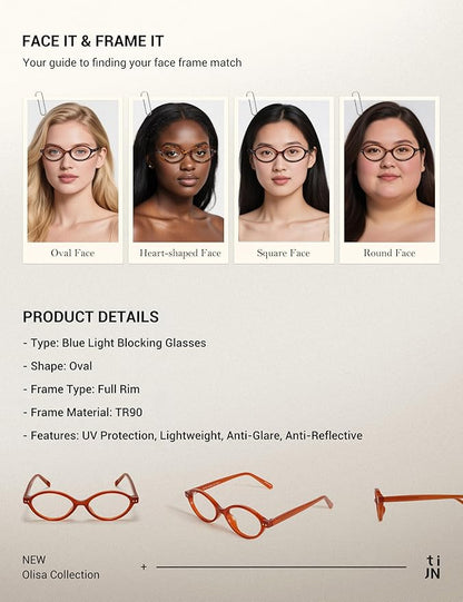 TIJN Olisa Blue Light Blocking Glasses for Women Men,Oval Glasses Frame Bluelight Glasses for Gaming/Computer/Screen