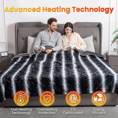 WOOMER Heated Blanket Queen Size 84" x 90", Electric Blanket with Dual Controls, 0.5-12 Hours Timer & 10 Heating Levels, ETL Certified, Black Grey Flowers Patterns Faux Fur & Sherpa, Machine Washable