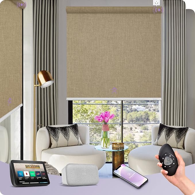 Graywind Motorized Shades 100% Blackout Compatible with Alexa Google Smart Home Control Build-in Hardwired Window Shades Thermal Insulated Window Blinds, Customized Size (Coffee)