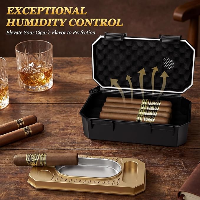 Travel Cigar Humidor Set with Torch Lighter, Ashtray, Holder, Humidifier & Hygrometer, Portable Travel Cigar Case with Cigar Accessories for Men Gift, Butane not included