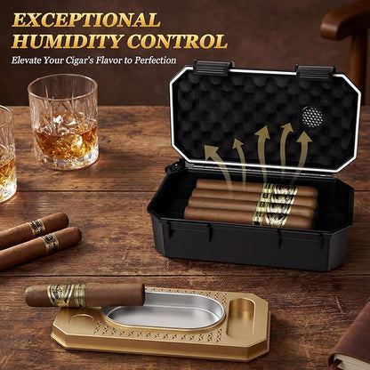Travel Cigar Humidor Set with Torch Lighter, Ashtray, Holder, Humidifier & Hygrometer, Portable Travel Cigar Case with Cigar Accessories for Men Gift, Butane not included