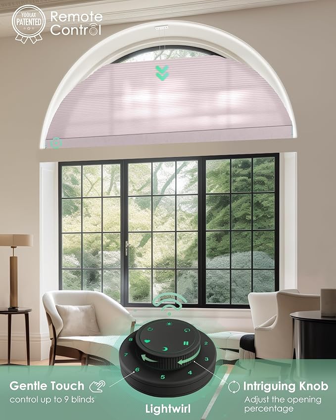 Yoolax Smart Cellular Shades, Motorized Arch Window Honeycomb Blinds Motorized Blinds with Remote Compatible with Alexa, Customized Arched Cellular Shades (Half Shading Light Pink)