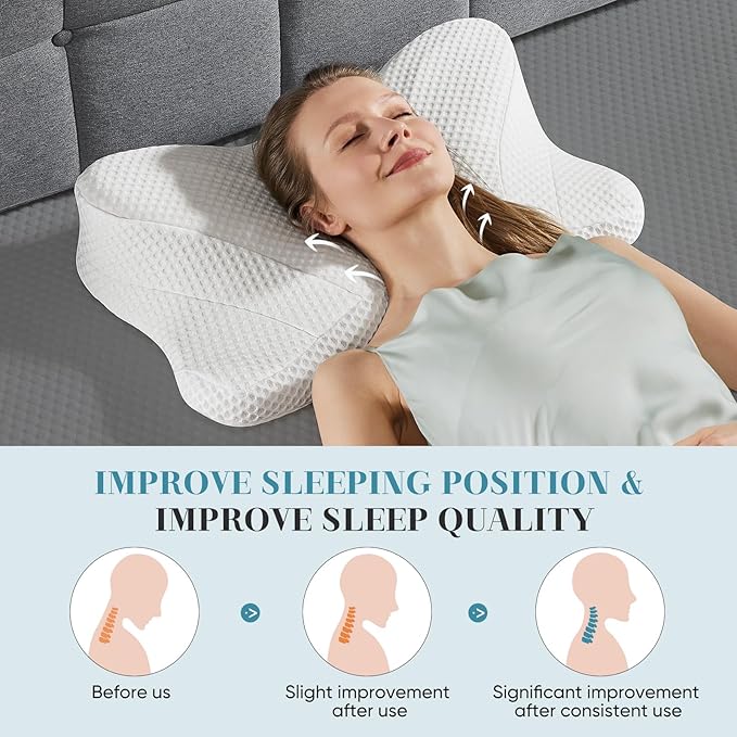 Sweetcrispy Cervical Pillow for Neck and Shoulder - 2 Pack Ergonomic Memory Foam Pillows, Contour Side Sleeper for Adults, Cooling Orthopedic Neck Support for Back Stomach Sleepers, White
