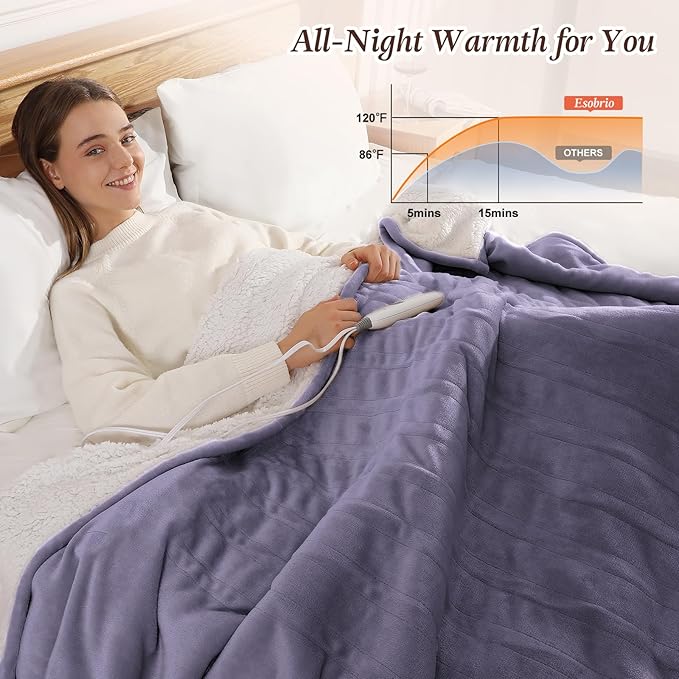 Electric Throw Blanket 50''x60'' Fast Heating Blanket Throw - Ultra Soft Flannel & Sherpa Heated Blanket for Office with 5 Heat Setting & 4-Hour Auto-Off, Great Gifts for Grandma (Lavender Purple)