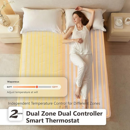 Wapaneus Quilted Wave Heated Mattress Pad Queen Size 10 Heat Settings & Dual Control with 1-12 Hours Auto Off,Deep Pocket Fits up to 18",Coral Fleece Bed Warmer,ETL Listed Machine Washable,60"x80"