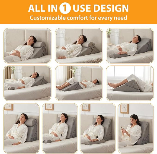 3PCS Wedge Pillow Set for After Surgery, Adjustable 9&12 Inch Bed Wedge Pillow for Sleeping, Incline Pillow Wedge for Headboard, Post Surgery, Acid Reflux, Neck&Back Support, Grey