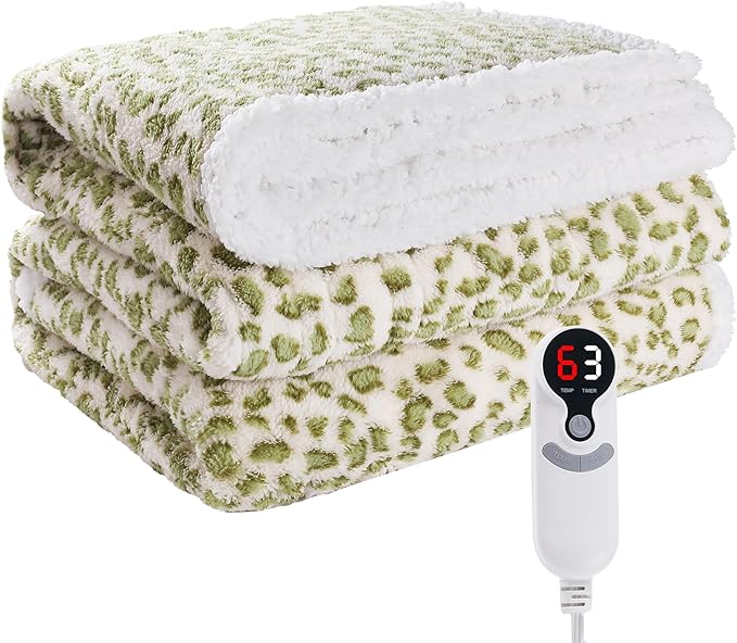 Electric Heated Blanket Full Size 72"×84" with 9 Heating Levels & 1-10Hs Auto Off, Plush Sherpa, Energy Efficient, Machine Washable, for Couch & Bed, Leopard Print Green & White
