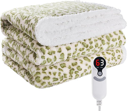 Electric Heated Blanket Throw Size 50"×60" with 9 Heating Levels & 1-10 Hs auto Off, Heating Throw Double Sided Sherpa, Energy Efficient, Machine Washable, Leopard Print Green & White