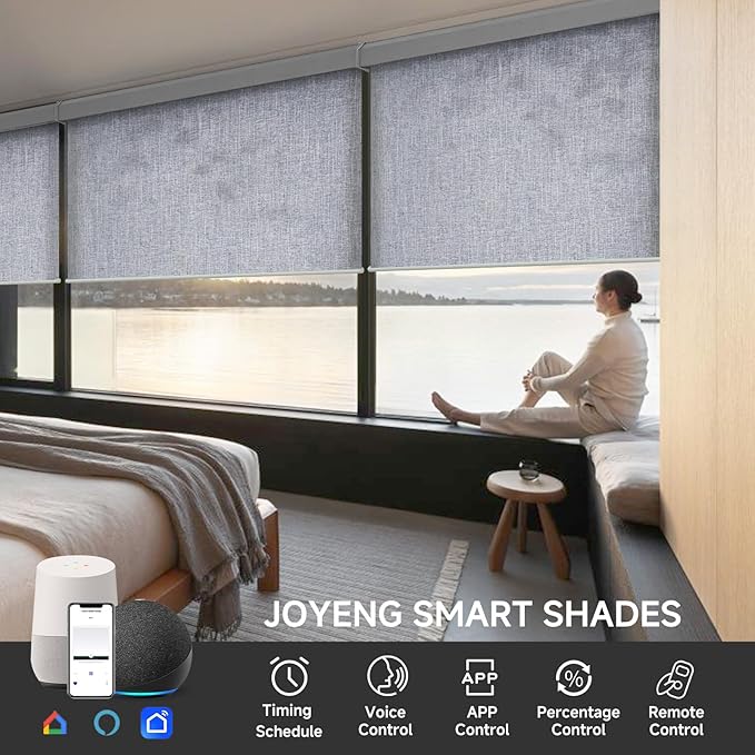 Motorized Light Filtering Roller Shades with Remote Control, Electric Smart Shades Compatible with Alexa and Google, Rechargeable, Customizable Size(Textured Bluish Gray)