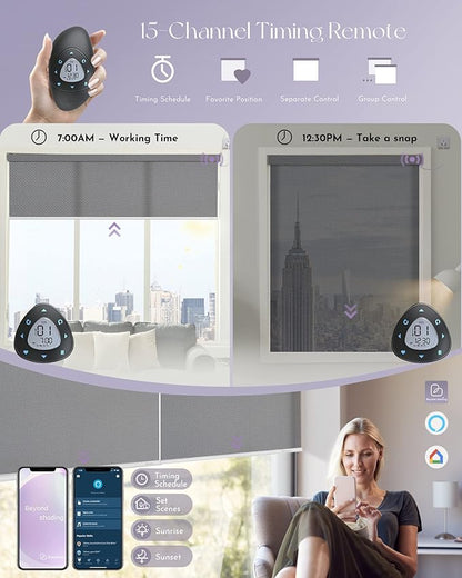Graywind Motorized Solar Shades Compatible with Alexa Google Hardwired WiFi Smart Light Filtering Blind Remote Control Automated Blinds Electric Window Shade, Custom Size (5% Openness Grey)