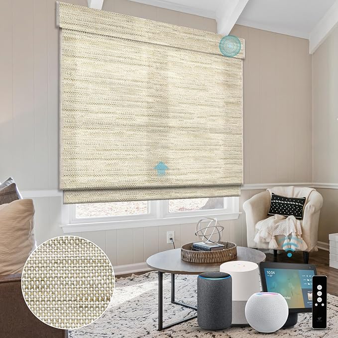 SmartWings Motorized Blinds Natural Woven Wood Shades for Windows Work with Matter Thread Homekit Z-Wave Alexa Google, Electric Auto Roman Shades Cordless Remote Control Customized, Kenaf 010