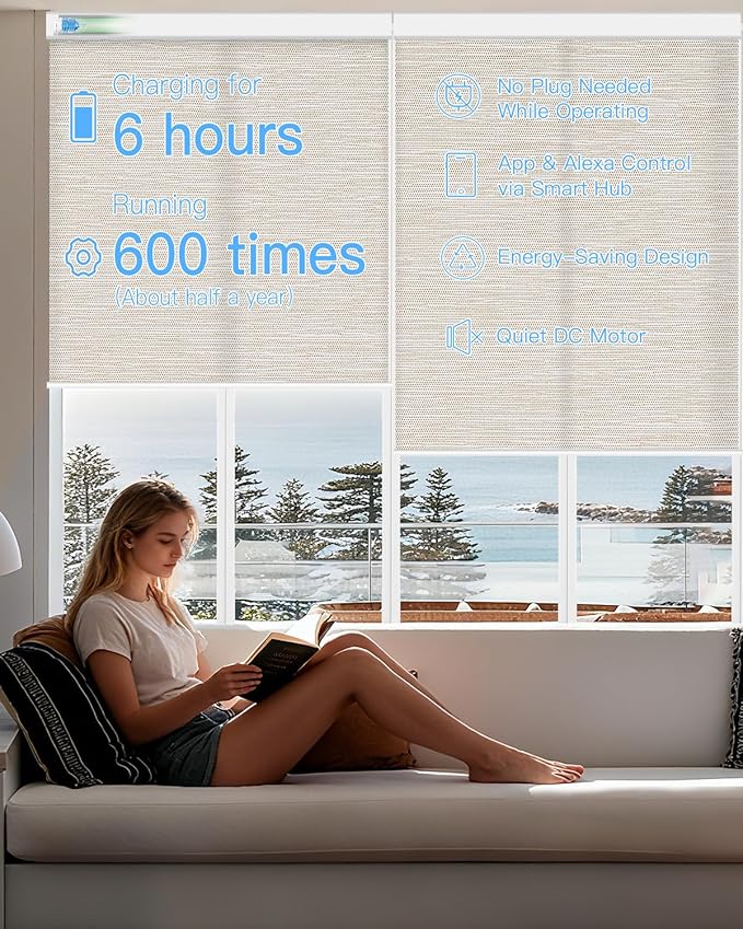Motorized Light Filtering Roller Shades with Remote Control, Smart Blinds for Windows Work with Alexa Google via Hub, Rechargeable Electric Window Shade Customized Size (Texture Light Coffee)
