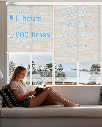 Motorized Light Filtering Roller Shades with Remote Control, Smart Blinds for Windows Work with Alexa Google via Hub, Rechargeable Electric Window Shade Customized Size (Texture Light Coffee)