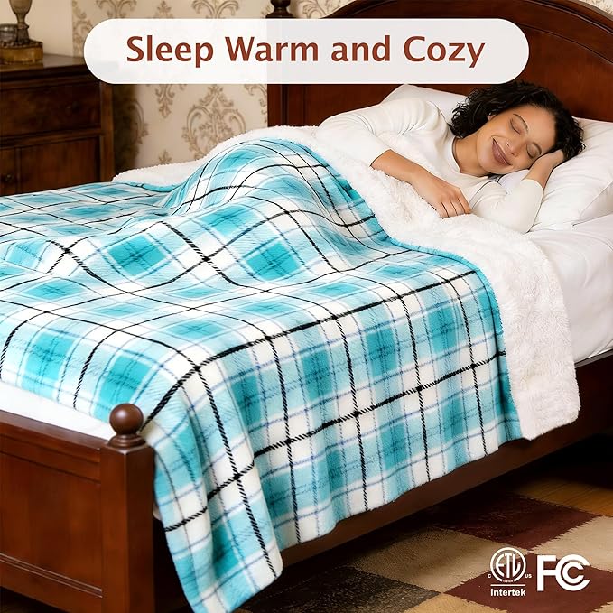 Electric Heated Blanket 50"x60",Fast Heated Throw with 8 Hours Auto Off/8 Heats Levels,Soft Blue Plaid Sherpa Electric Blanket with ETL Certification & Over-Heat Protection
