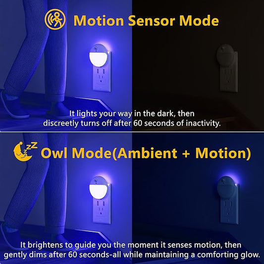 2 Pack Plug in Night Light with Motion Sensor and Dusk to Dawn Sensor, Stepless Dimming, Blue LED Nightlight with 3 Lighting Ways for Bathroom, Bedroom, for Girls, Boys, Adults