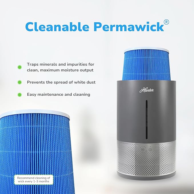 HHE150 Hunter Aspire 4.8L Evaporative Humidifier with PermaWick Filter (4.8L) - Remove Contaminants & White Dust for Clean Mist & Air – Medium Humidifier for Home, Bedroom, or Dorm - Graphite