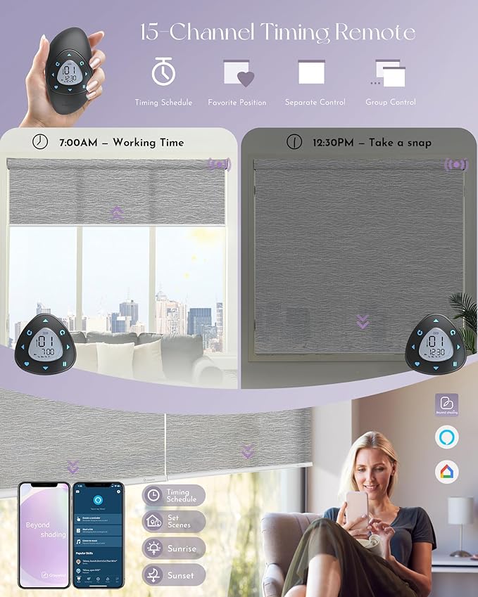 Graywind Motorized Light Filtering Shades Compatible with Alexa Google Rechargeable Remote Control Smart Blinds Automatic Window Shade with Valance for Home Office, Custom Size (Mixwave Grey)
