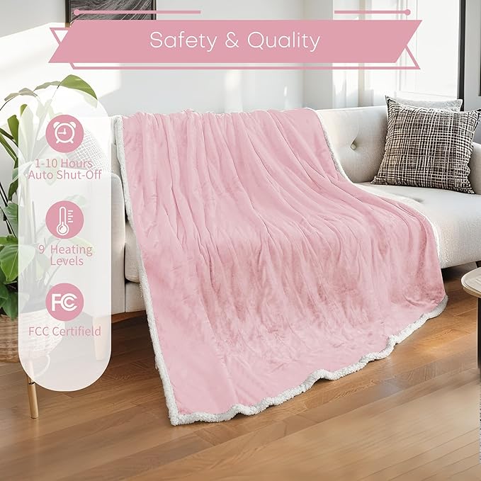 Electric Heated Blanket Full Size 72"x84" - Flannel & Sherpa Fabric Dual-Sided, 9 Heat Settings & 1-10 Hours Auto Off, Soft & Cozy Warming Throw for Home, Office, or Bed, Machine Washable, Light Pink