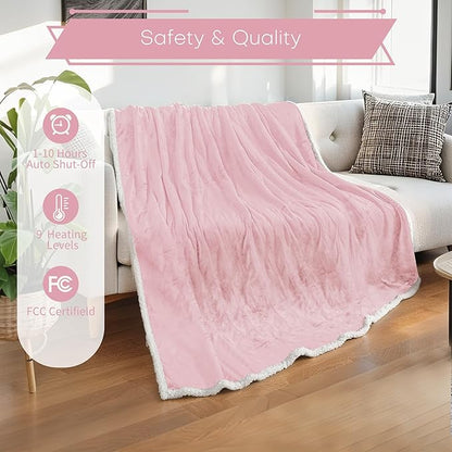 Electric Heated Blanket Full Size 72"x84" - Flannel & Sherpa Fabric Dual-Sided, 9 Heat Settings & 1-10 Hours Auto Off, Soft & Cozy Warming Throw for Home, Office, or Bed, Machine Washable, Light Pink
