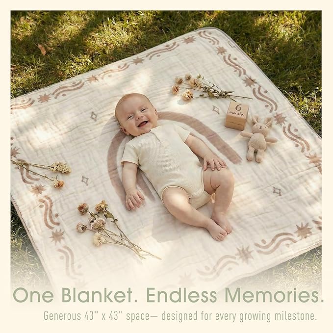 Ultra Soft Muslin Baby Blanket - Made with Organic Cotton, Reversible Rainbow Print & Coffee Striped Jacquard, Swaddle & Crib Quilt, 43x43 Inches (Rainbow Border)