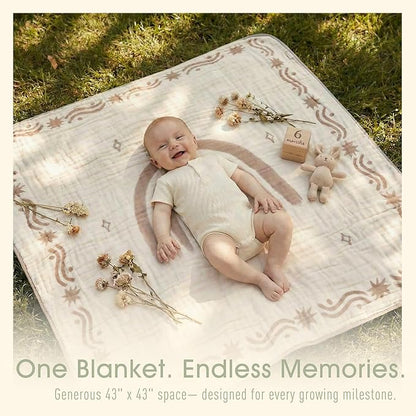 Ultra Soft Muslin Baby Blanket - Made with Organic Cotton, Reversible Rainbow Print & Coffee Striped Jacquard, Swaddle & Crib Quilt, 43x43 Inches (Rainbow Border)