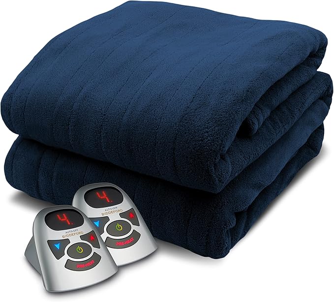 Biddeford Blankets Micro Plush Electric Heated Blanket with Digital Controller, Queen, Navy Blue