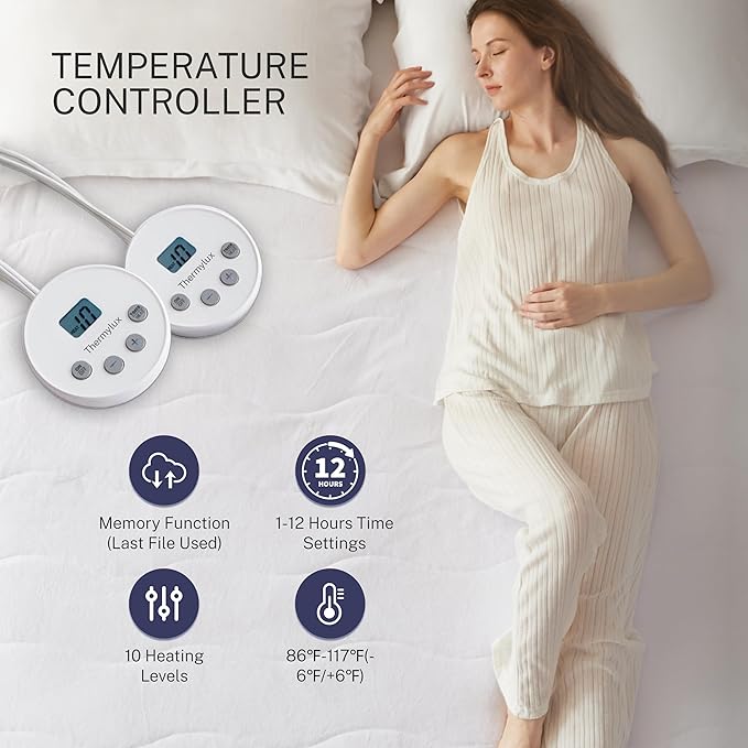 Electric Mattress Pad Queen Size Quilted Wave 10 Heat Settings & Dual Control with 12 Hour Auto Off,Deep Pocket Fits up to 18",Coral Fleece Bed Warmer,ETL Certified Machine Washable,60"x80"