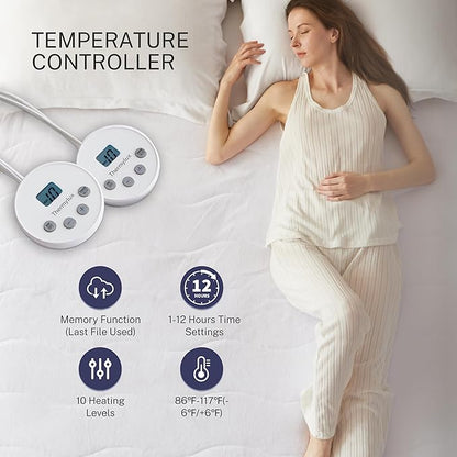 Electric Mattress Pad Queen Size Quilted Wave 10 Heat Settings & Dual Control with 12 Hour Auto Off,Deep Pocket Fits up to 18",Coral Fleece Bed Warmer,ETL Certified Machine Washable,60"x80"