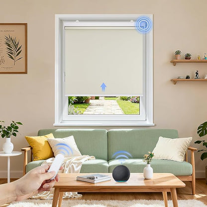 Grandekor Motorized Blinds with Remote Control, Blackout Roller Shade Electric Shades Cordless Smart Blinds for Bedroom Living Room Office,Cream,W24xH72
