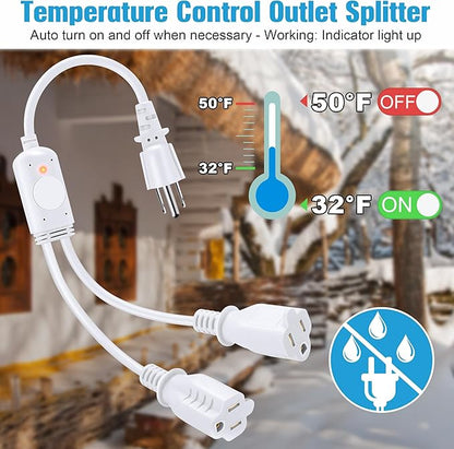 Feekoon 120V 10A Temperature Controlled Extension Cord, Heat Cable Controller Turns on Below 32°F, Off Above 50°F, Thermostatically Controlled Outlet for Coop Heaters Deicers Water Pipe Heating Tapes