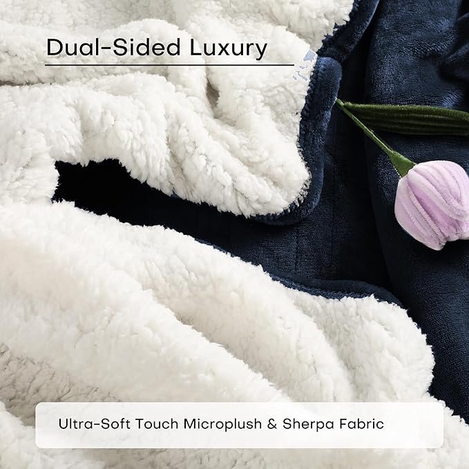 Heated Electric Blanket Throw Size 50"x60" Thickened Flannel and Sherpa Heated Blanket,3 Hours Timer Auto-Off & 5 Heating Levels, Machine Washable, Navy Blue