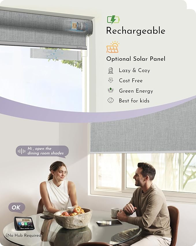 Graywind Motorized Roller Shades Compatible with Alexa Google Smart Blackout Shades with Remote Triple Weaved Fabric Window Blinds with Valance for Smart Home Office, Customized Size (Cloudy Grey)