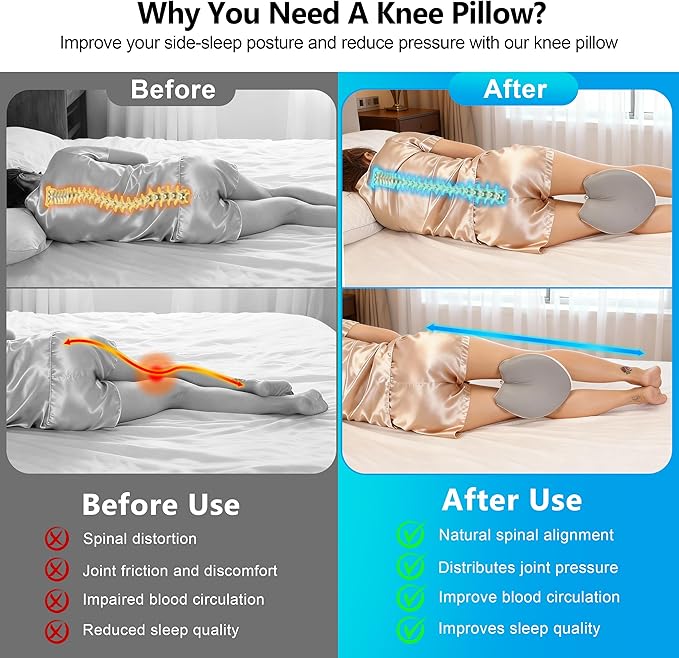 Knee Pillow for Side Sleepers, Dual-Side Leg Pillow for Side Sleeping with Cooling Cover and Soft Memory Foam Relief for Back, HIPS, Knees, Joints, Nerves, Muscles