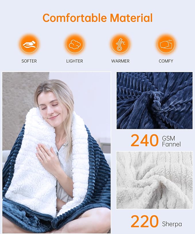 Electric Heated Blanket Throw, Heating Blanket Throw with 4 Timer Settings & 6 Heat Settings, Best Winter Gifts for Men and Women, White Elephant Gifts for Adults (84x90 Inch, Navy Blue)