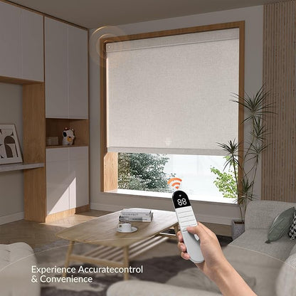Boolegon Motorized Roller Blinds with Remote Control,Light Filtering Linen Fabric-Matched Automatic Roller Shades for Windows,Rechargeable Electric Window Shades for Home,Office,Light Brown,Custom Now