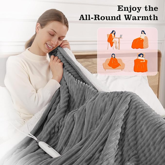 Electric Blanket Twin Size Heated Blanket - 62x84 inch Heating Blanket Twin with 5 Heat Levels & 10 Hours Auto-off, Cozy Flannel and Sherpa Fleece Heated Blankets Machine-washable, Warming Gift (Grey)