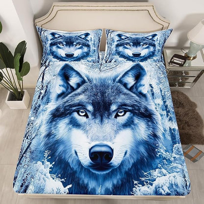 Manfei Wolf Sheet Queen,Winter Tree Bed Sheet Set 4pcs with Deep Pocket Fitted Sheet + Flat Sheet + 2 Pillowcases Plant Animal Theme Soft Warm Bedding Set for Kids Teenss Room Decor