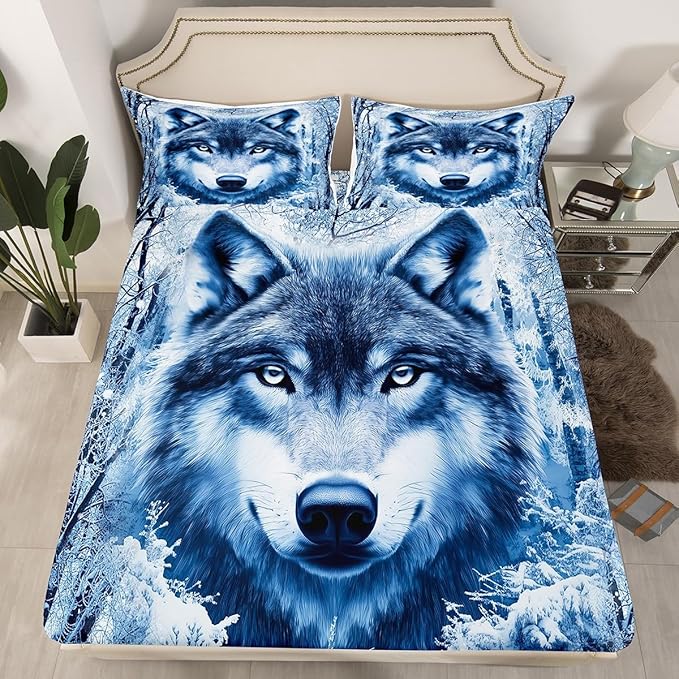 Manfei Wolf Sheet Set Full,Winter Tree Bed Sheet Set 4pcs with Deep Pocket Fitted Sheet + Flat Sheet + 2 Pillowcases Plant Animal Theme Soft Warm Bedding Set for Kids Teenss Room Decor