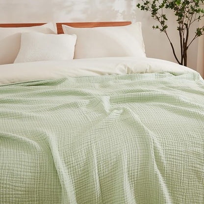 EMME Cotton Muslin King Blanket Bed Layering Breathable Gauze Blanket Soft Lightweight Blankets Adults (Mint Green, 108"x90")