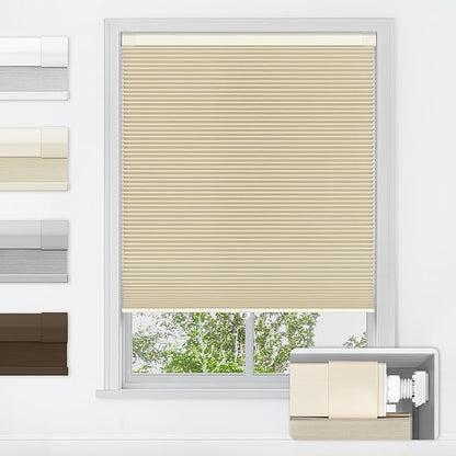 LazBlinds No Tools No Drill Cordless Cellular Shades, Blackout Light Blocking Honeycomb Shades for Home, Thermal Insulation Blinds for Windows, 22" W x 48" H, Beige