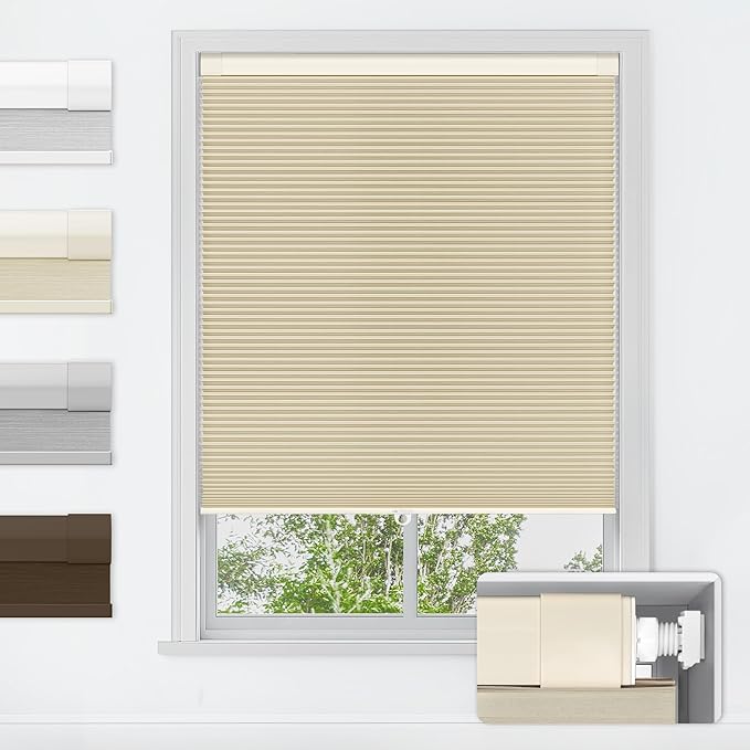 LazBlinds No Tools No Drill Cordless Cellular Shades, Blackout Light Blocking Honeycomb Shades for Home, Thermal Insulation Blinds for Windows, 42" W x 48" H, Beige