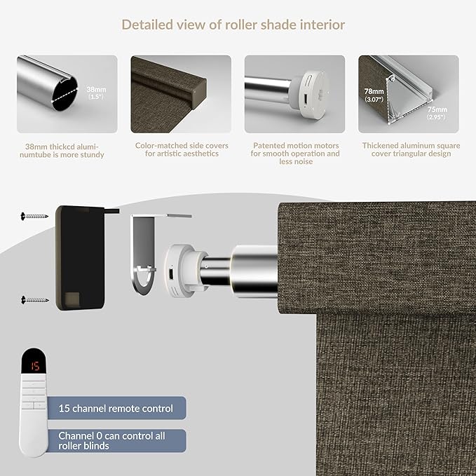 Boolegon Motorized Roller Blinds with Remote Control,Light Filtering Linen Fabric-Matched Automatic Roller Shades for Windows,Rechargeable Electric Window Shades for Home,Office,Brown,Custom Now