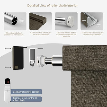Boolegon Motorized Roller Blinds with Remote Control,Light Filtering Linen Fabric-Matched Automatic Roller Shades for Windows,Rechargeable Electric Window Shades for Home,Office,Brown,Custom Now
