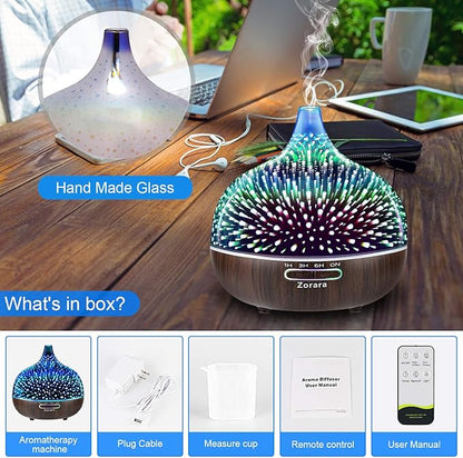 Essential Oil Diffuser 550ml Cool Mist Humidifier 3D Glass Ultrasonic Aromatherapy Humidifier with 7 Color Changing Led Lights, Waterless Auto Shut-Off, Adjustable Timer for Home Bedroom Office