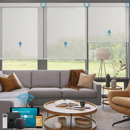 Motorized Shades Compatible with Alexa,Google Asssitant,Homekit Over Thead,3% Openness Solar Roller Blinds for Window,Smart Blinds with Remote,APP/Voice Control,3% Openness Aventus Beige