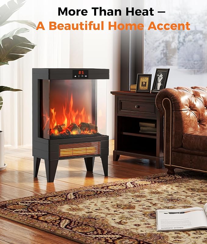 Electric Fireplace Stove Heater - Freestanding Fireplace Heater for Indoor Use with Realistic 3D Flame, Adjustable Thermostat & Remote, Quiet, Timer for Living Room and Bedroom